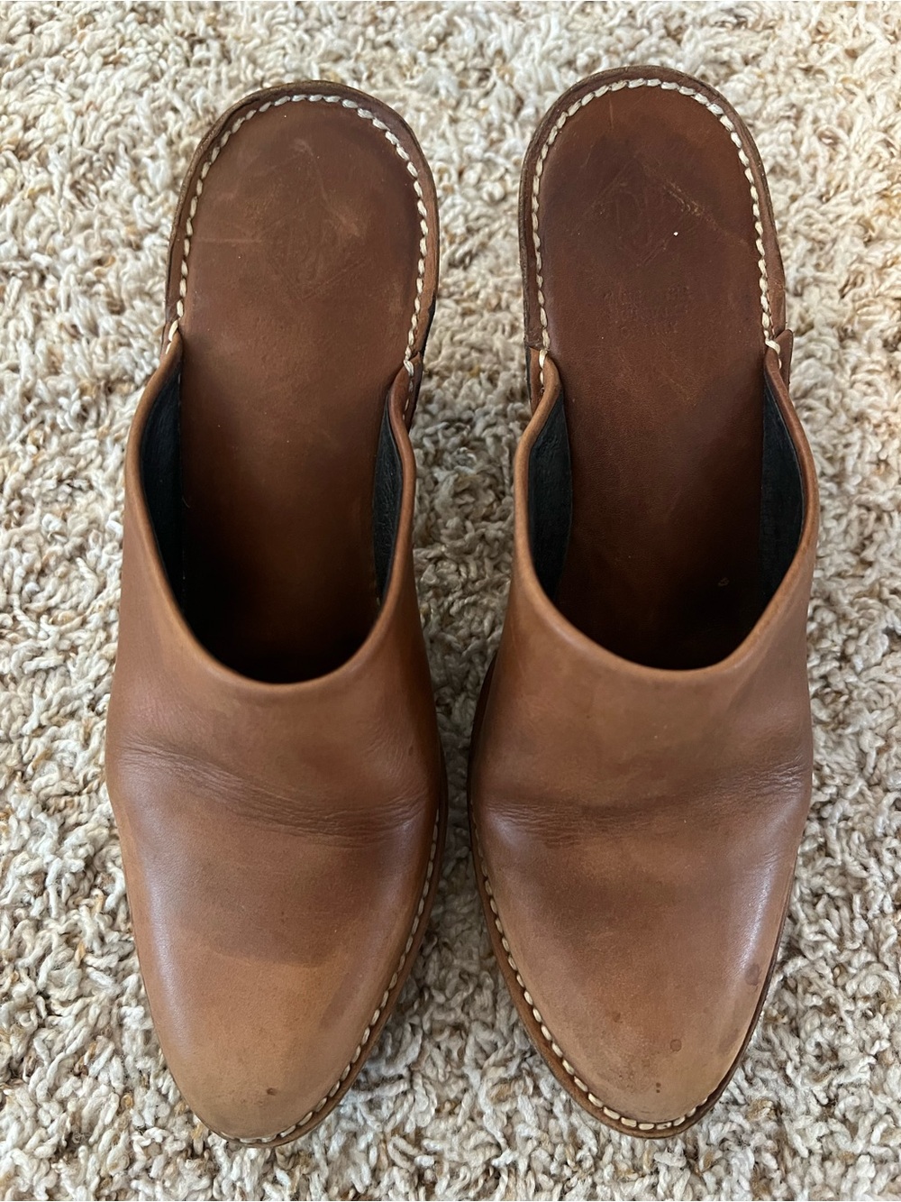 Donald J Pliner brown leather mules, almond shaped toe and block heel 7 1/2
